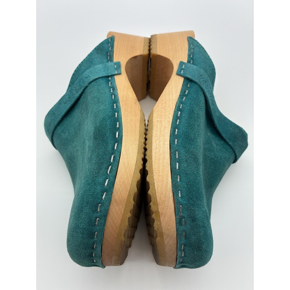 Swedish Hasbeens Teal Suede Clogs, Size 37 (US 6.5-7), Wood Sole Slip-On Mules - Picture 5 of 11